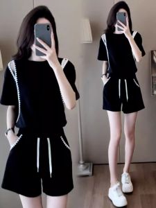 Summer New Womens Casual Sports Suit Shoulder Bared Short Sleeve High Waist Shorts Two Piece Set Fashionable plus Size
