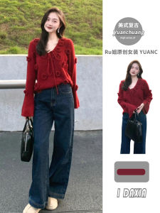 Christmas Red Knitted Sweater Womens Autumn Winter Anti-Aging Beautiful Fashionable Three-Dimensional Flower Belted Sweater