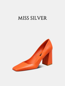รองเท้าส้นสูงสีส้ม MISSSILVER สำหรับผู้หญิง รองเท้าส้นหนา ทรงหัวเหลี่ยม ไม่เจ็บเท้า รองเท้าส้นเดี่ยว ฤดูใบไม้ผลิและฤดูร้อน