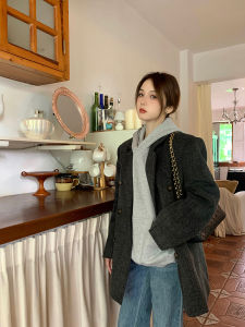 เสื้อโค้ทผ้าขนสัตว์ยาวปานกลางสไตล์ใหม่ฤดูใบไม้ร่วง/ฤดูหนาว สำหรับผู้หญิง เสื้อโค้ทผ้าขนสัตว์แบบสวมหัว ทรงเข้ารูป แขนยาว ปกตั้ง