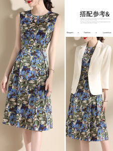 New Arrival Ink Wash Autumn Sleeveless Satin Print Vest Dress Slimming Floral Patterned mid Waist Commuter Style round Neck