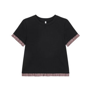 Wood Ear and Checkered Design Slim Fit Short Sleeve T-Shirt