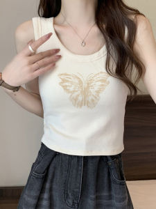 เสื้อกั๊กสั้นแขนกุดสไตล์อเมริกันสำหรับผู้หญิงในฤดูร้อน พิมพ์ลายย้อนยุค สัมผัสระดับไฮเอนด์ ใส่ได้ทั้งในและนอก เสื้อคลุมกันหนาวแบบมีสายรัด