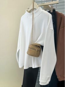 Minimalist Pure Color Half Collar Dralon Brushed Base Shirt: Women's Fall and Winter Inner Wear Loose Thick Long Sleeves T-shirt Tops Fashion