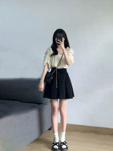 Fashionable Summer Set for Women New Arrival Short Sleeve Button-up Shirt with Ruffles and Bow Half-length Skirt Two-Piece Polyester Fiber Set