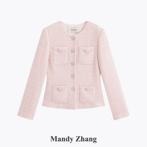 Pink Wool Short Jacket with Diamond Buttons and Waist-Cinching Design