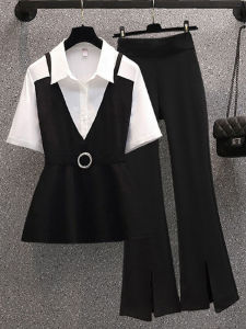 Elegant plus Size Fashion Set Slimming Shirt Micro Flare Pants Two Piece Suit for Young Women Professional Summer New Arrival