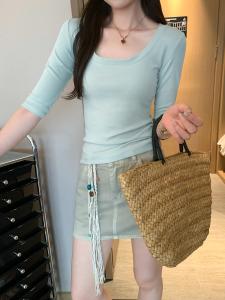 เสื้อยืดแขนยาวคอวีผ้าลินินสำหรับผู้หญิง เสื้อยืดแขนยาวทรงสลิมฟิต ทรงเข้ารูป ทรงหลวม ฤดูร้อน 2025 ทรงใหม่ ลำลอง คอวี แขนกลาง แขนยาว แขนสั้น