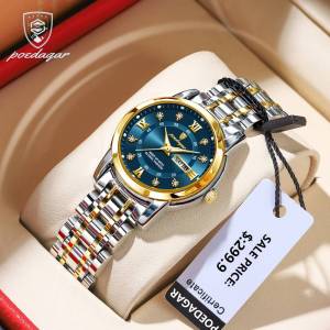 POEDAGAR Phụ Nữ Đồng Hồ Đeo Tay Thạch Anh Sang Trọng Không Thấm Nước dạ quang bằng thép không gỉ Ngày Tuần Phụ Nữ Đồng Hồ Đeo Tay Ăn Mặc Đồng Hồ