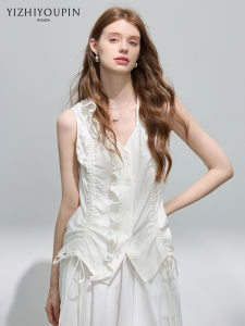 Áo Blouse Vintage Pháp Vòng Cổ Ruffle Dây Nịt eo Không Tay Trắng