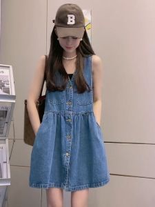 Summer GDAMSS Denim Vest Strap High Waist V-neck Dress Korean Style A-line Skirt Sleeveless Womens Dress Casual Home Wear