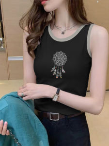 Black White Pure Cotton Sleeveless Vest Summer Slimming Loose round Neck Commuting Printed Top Womens Fashion Casual Wear