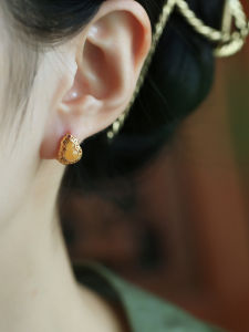 Natural Honeycomb Pure Silver Flower Wire Gourd Earrings Womens New Chinese Style Golden Yellow Jadeite Ear Jewelry
