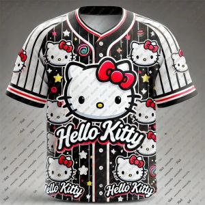 มินิโซะเฮลโลคิตตี้ชุดเครื่องแบบเบสบอลสำหรับครอบครัวรุ่นพิเศษเสื้อเบสบอลมีกระดุมสำหรับฤดูร้อนเสื้อเสื้อแข่งฟุตบอลระบายอากาศได้ดีสำหรับเด็ก/ผู้ใหญ่