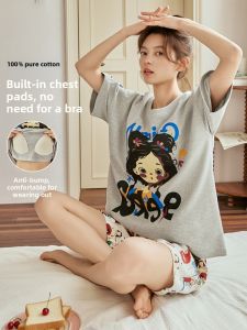 Miiow | Pure Cotton Womens Sleepwear 2025 New Style Summer Short Sleeve Shorts Two-Piece Set Home Clothes Can Be Worn Outside With Chest Pad