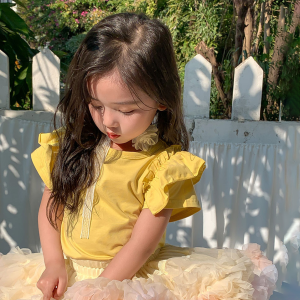 Sweet Princess Flounced Sleeve T-Shirt Childrens Summer Clothing Girl Tops Thin Fashionable Pure Cotton Short Sleeved T-shirt Kids Baby T-shirt