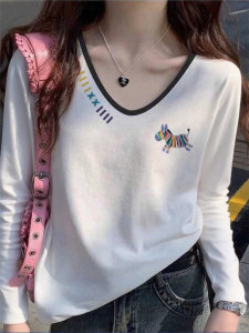 Color Block V Neck Loose Long Sleeve Pure Cotton Base Shirt Womens T Shirt Korean Style Comfortable Breathable Daily Wear