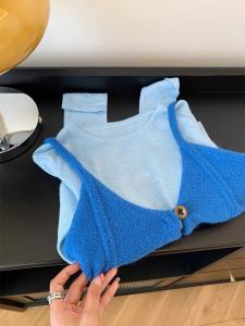 เสื้อสเวตเตอร์ถักแขนยาวสองชิ้นสีน้ำเงินคลีน ดีไซน์เก๋ไก๋ หรูหรา สำหรับผู้หญิง ฤดูใบไม้ร่วง 2025 ฤดูใบไม้ผลิ