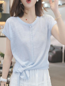Ice Silk Knitted Short Sleeve T-Shirt Womens Summer New Fashion Casual Thin Irregular Top round Neck Straight Cut Cool Feeling