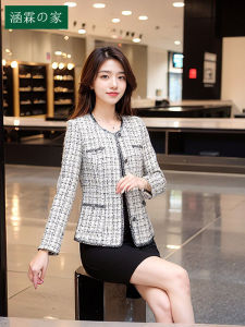 เสื้อแจ็คเก็ตสั้นทรงเข้ารูปผู้หญิงฤดูใบไม้ร่วง 2024 ทรงเข้ารูป แขนยาว ลายสก็อต กระดุมเดียว โพลีเอสเตอร์ 100% เสื้อผ้าทำงาน