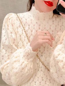 Ruffle Lace Base Shirt Womens Autumn Winter Brushed Long Sleeve Half High Collar Dressy Top plus Size Dress Fashionable Inner Wear