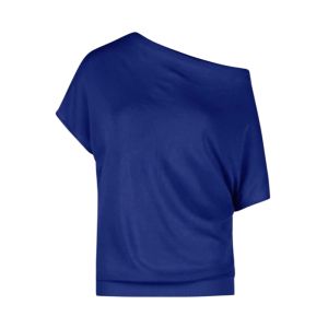 YUEZHONGWEI | Klein Blue French Asymmetrical Shoulder Ice Silk Linen Knitted Short Sleeve T-Shirt Women Summer Loose Shoulder Bared Top
