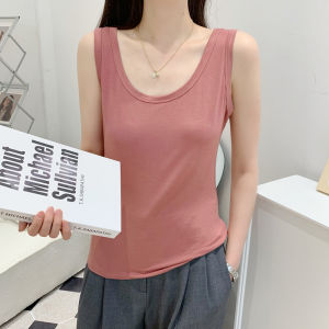 เสื้อกล้ามสีล้วนผ้าโมดัลสำหรับผู้หญิงเสื้อตัวในสายเดี่ยวแขนกุดคอ U เข้ารูปเรียบง่ายใส่ด้านในสำหรับฤดูร้อนเสื้อแบบบางไซส์ใหญ่