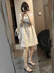 French Elegant Cotton Linen Vest Dress Women Summer 2024 New Vintage Ageless Sleeveless Straight Cut Linen Skirt