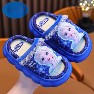 Princess Elsa Linen Slippers Breathable Anti-Slip Thick Bottom Baby Floor Summer Cool Slippers for Girls Childrens Cotton Slippers