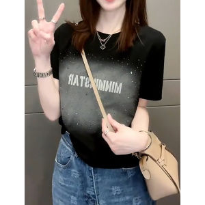 plus Size Shoulder Length Glitter Short Sleeve T-Shirt Womens Fashion Design Purple Top Korean Style Slim Fit round Neck