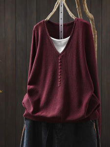 เสื้อสเวตเตอร์คอวีแขนยาวผ้าฝ้ายสไตล์วินเทจสำหรับผู้หญิง ชุดชั้นในฤดูใบไม้ผลิและฤดูใบไม้ร่วง ชุดสองชิ้นปลอม ทรงหลวม แขนยาว ปกติ