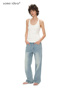 กางเกงยีนส์ทรงตรงเอวต่ำสีน้ำเงินอ่อน กางเกงขายาวทรงสลิมฟิต กางเกงยีนส์ทรงวินเทจ กางเกงยีนส์ทรงลำลองสำหรับผู้หญิง