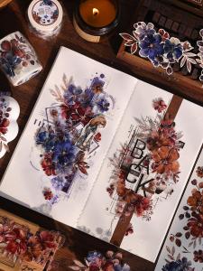 Xiaobai Home Creative Cultural【Evening】Light Retro Blue Brown Large And Small Flower Paper PET Die Cut Sticker Card Tape
