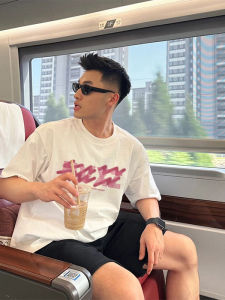 American High Street Creative Letter Short Sleeve Mens T-shirt Summer Youth Loose Small Collar Pure Cotton Trendy Brand Top