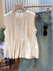 French Style Ruched Sleeveless Summer Shirt for Women Young Style Versatile Tank Top Recommended by kk·studio