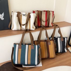 Large Tote Bag for womens Striped Crossbody Canvas Bag 2023 New Trendy Versatile Class Commuting Shoulder Bag