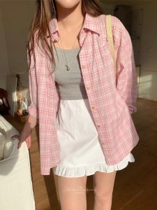 Áo Sơ Mi Nữ Tay Dài Kẻ Caro Màu Hồng Mùa Xuân Thu Mới Áo Khoác Chống Nắng Thiết Kế Dài Tay Mùa Hè Dáng Rộng Cổ Polo