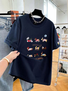 Pure Cotton Short Sleeve T-Shirt Womens Loose Fit Casual Top Korean Style Straight Cut Cartoon Sausage Dog Print Summer New Arrival