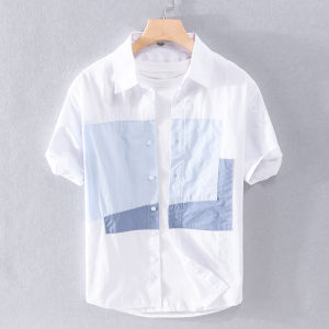Pure Cotton Mens Shirt Short Sleeve Summer Casual Trend Design Splice Thin White Long Sleeve Shirt Breathable Loose Fit Youth Popular