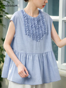 Blue Cotton Shirt Womens Summer Thin Design round Neck Pure Cotton Blouse Japanese Style Sweet Loose Fit Shirt Female Premium