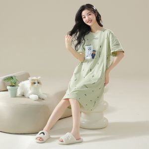 miiow | Pure Cotton Short Sleeve Sleep Dress Cat Woman Summer New Round Neck Mid-Length Large Size Dress Casual Home Wear For Youth