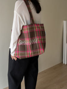 Moregool Original Plaid Print Tote Bag Large Capacity Single Shoulder Computer Bag for Daily Commuting in Rose Red Color