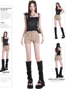 MZVZ | Black Fashionable Double Buttoned Shorts Low Waist Ultra Short Design