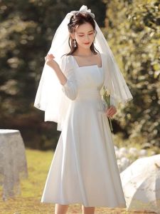 เรียบหรู สีขาว เดรส แขนยาวสไตล์ Hepburn กระโปรงทรงเอ โพลีเอสเตอร์ ผ้า ทางการ พิธีลงทะเบียน เดรส สําหรับผู้หญิง