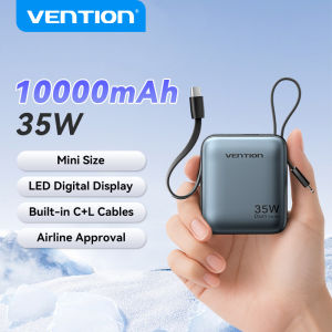 Vention 10000mAh Power Bank 35W Max Fast Charging Integrated USB-C and Lightning Cables for iPhone 18 17 16 15 14 13 pro max Samsung S24 Ultra S23 Xiaomi 14 Pro iPad Laptop Tablet Portable Powerbank