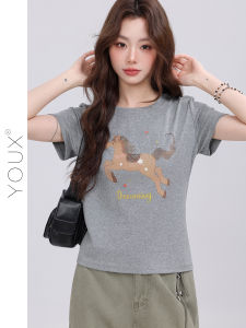 YOUXIANG | Áo Thun In Hình Ngựa Slim Fit Thiết Kế Mới