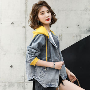 GUZILIAN | Casual Denim Jacket Women Short Loose Versatile Korean Version Hat Jacket Spring Autumn New Style Zipper Pocket Embroidery Decoration