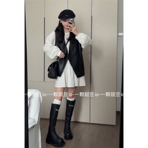 Stylish White Shirt Dress Set Womens New Fashion Black Leather Vest Trendy Spring Clothing Short Sleeve round Neck Top Bottom