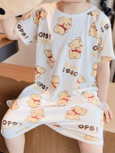 Summer Bear Short Sleeve Sleepwear for Kids Baby Boy Girl Snap Button Overall Onesie Air Conditioning Suit Cute Childrens Robe
