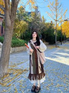 Early Autumn Dress Layering Set Vintage Embroidered Knitted Vest Long Sleeve Shirt Dress Womens Two Piece Set A-Line Skirt